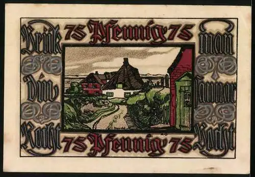 Notgeld Norddorf 1921, 75 Pfennig, Ortspartie an Backsteinhaus