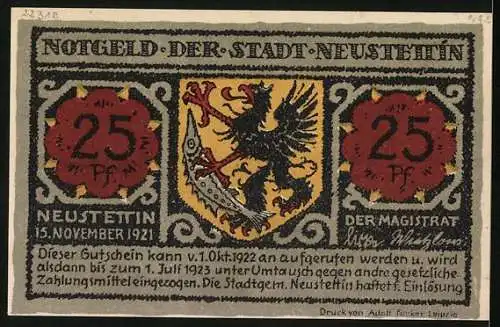 Notgeld Neustettin 1921, 25 Pfennig, Die Bismarckwarte