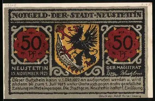 Notgeld Neustettin 1921, 50 Pfennig, Partie am Nikolaiturm
