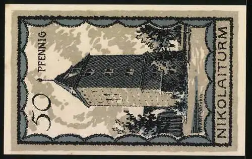 Notgeld Neustettin 1921, 50 Pfennig, Partie am Nikolaiturm