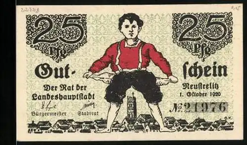 Notgeld Neustrelitz 1920, 25 Pfennig, Mann mit leeren Taschen