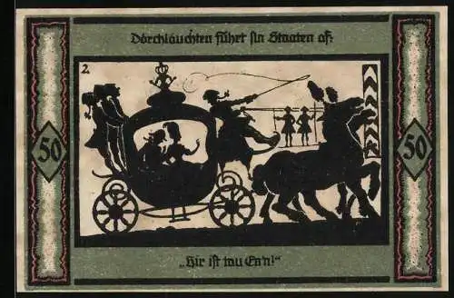 Notgeld Neustrelitz 1921, 50 Pfennig, Die Herrschaften mit ihrem Hofstaat