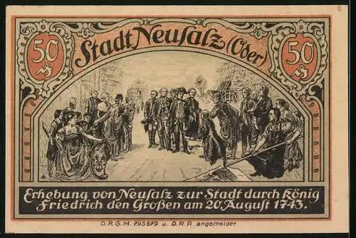 Notgeld Neusalz, 50 Pfennig, Erhebung zur Stadt durch König Friedrich den Grossen