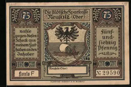 Notgeld Neusalz /Oder, 75 Pfennig, Erhebung von Neusalz zur Stadt durch Friedrich den Grossen