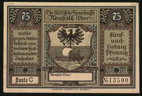 Notgeld Neusalz /Oder, 75 Pfennig, Erhebung von Neusalz zur Stadt durch Friedrich den Grossen