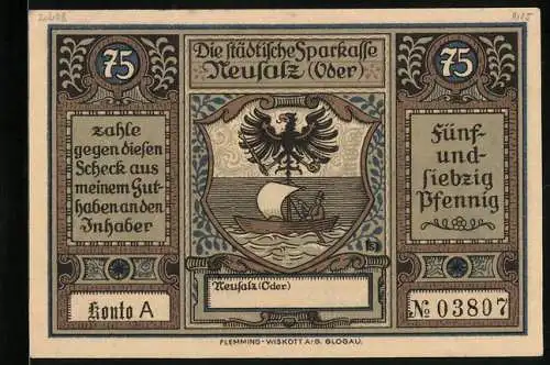 Notgeld Neusalz /Oder, 75 Pfennig, Erhebung von Neusalz zur Stadt durch Friedrich den Grossen