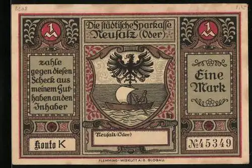 Notgeld Neusalz /Oder, 1 Mark, Erhebung zur Stadt durch Friedrich den Grossen