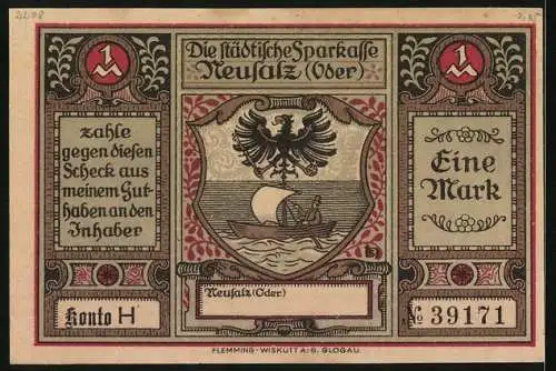 Notgeld Neusalz /Oder, 1 Mark, Friedrich der Grosse erhebt Neusalz zur Stadt