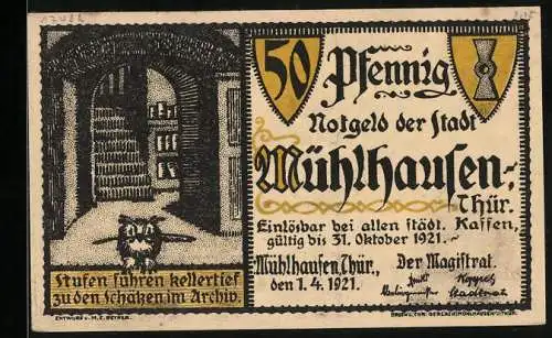 Notgeld Mühlhausen 1921, 50 Pfennig, Wappen und Eule im Archiv