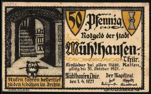 Notgeld Mühlhausen 1921, 50 Pfennig, Wappen und Eule im Archiv