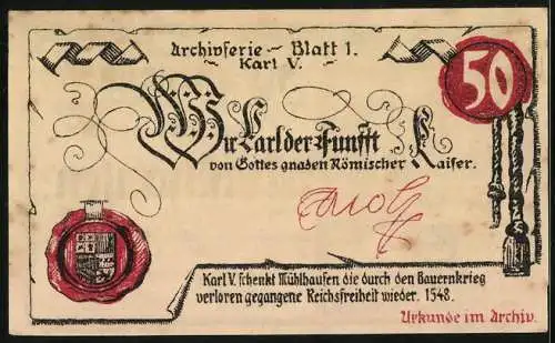 Notgeld Mühlhausen 1921, 50 Pfennig, Wappen und Eule im Archiv