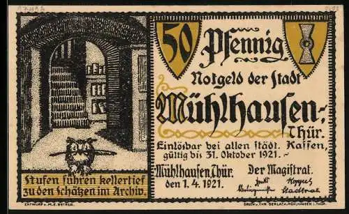 Notgeld Mühlhausen 1921, 50 Pfennig, Wappen und Eule im Archiv