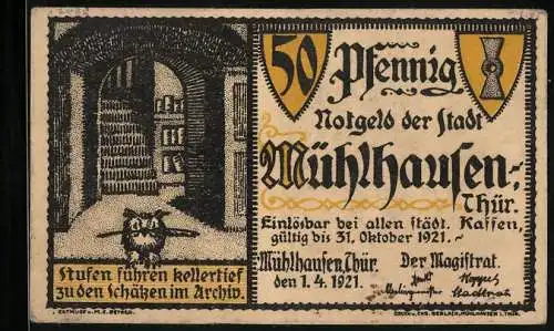 Notgeld Mühlhausen 1921, 50 Pfennig, Eule im Archiv und Wappen