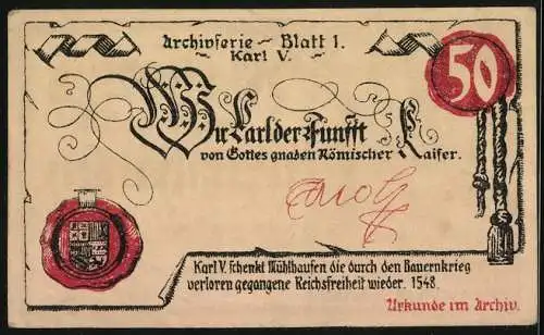 Notgeld Mühlhausen 1921, 50 Pfennig, Eule im Archiv und Wappen