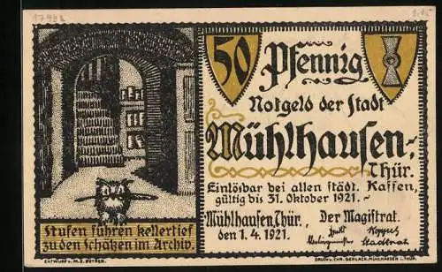 Notgeld Mühlhausen 1921, 50 Pfennig, Eule im Archiv und Wappen