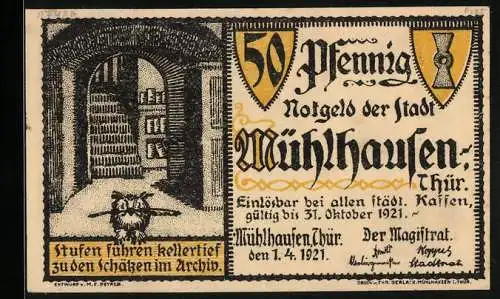 Notgeld Mühlhausen 1921, 50 Pfennig, Eule im Archiv und Wappen