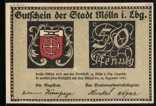 Notgeld Mölln i. Lbg. 1921, 50 Pfennig, Wappen und Till Eulenspiegel