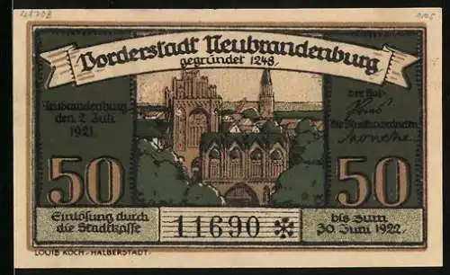 Notgeld Neubrandenburg 1921, 50 Pfennig, Stadtansicht und Wappen