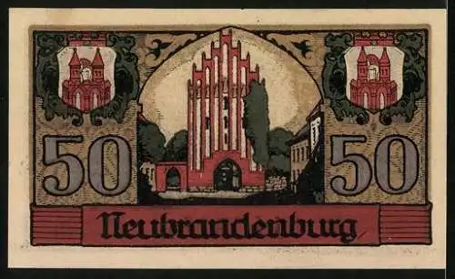 Notgeld Neubrandenburg 1921, 50 Pfennig, Stadtansicht und Wappen