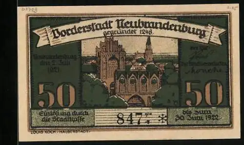 Notgeld Neubrandenburg 1921, 50 Pfennig, Stadtansicht, Strassenpartie und Wappen