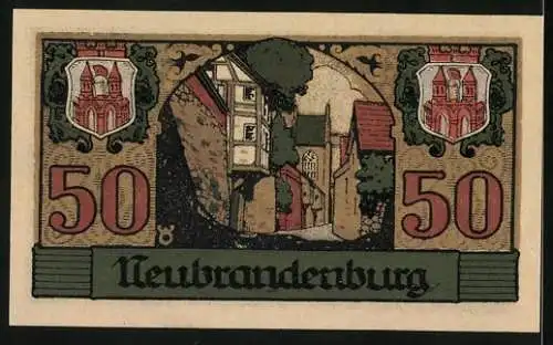 Notgeld Neubrandenburg 1921, 50 Pfennig, Stadtansicht, Strassenpartie und Wappen