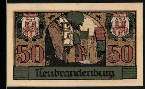 Notgeld Neubrandenburg 1921, 50 Pfennig, Stadtansicht und Strassenpartie