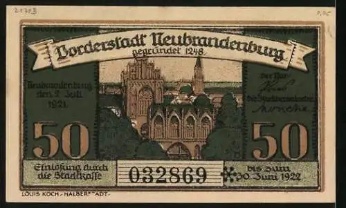 Notgeld Neubrandenburg 1921, 50 Pfennig, Stadtansicht und Strassenpartie