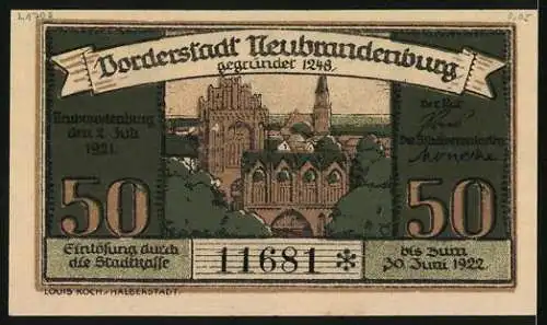 Notgeld Neubrandenburg 1921, 50 Pfennig, Stadtansicht und Rathaus mit Wappen