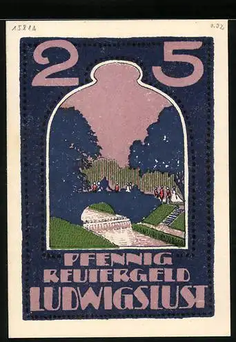 Notgeld Ludwigslust 1922, 25 Pfennig, Partie im Park und kostümiertes Paar