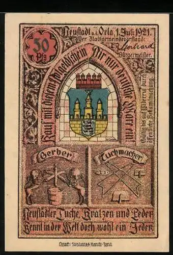 Notgeld Neustadt a. d. Orla 1921, 50 Pfennig, Rathaus und Stadtwappen