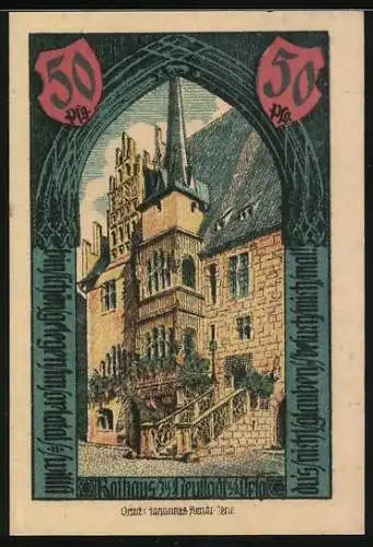 Notgeld Neustadt a. d. Orla 1921, 50 Pfennig, Rathaus und Stadtwappen