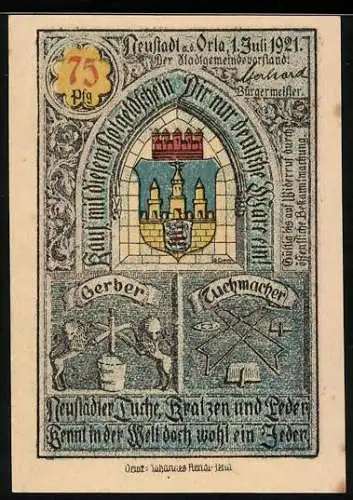 Notgeld Neustadt a. d. Orla 1921, 75 Pfennig, Wappen und Rathaus