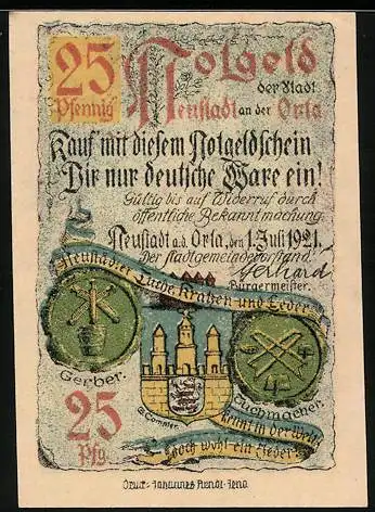 Notgeld Neustadt a. d. Orla 1921, 25 Pfennig, Rathaus und Wappen
