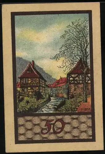 Notgeld Suhl, 50 Pfennig, Wappen und Flusspartie