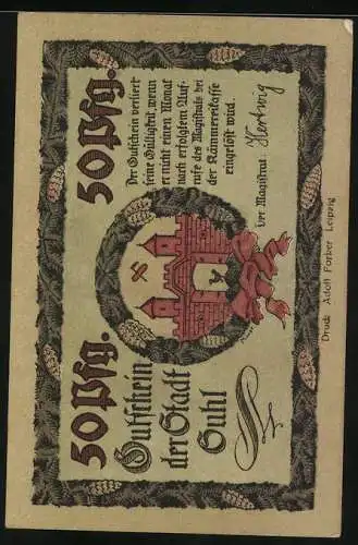 Notgeld Suhl, 50 Pfennig, Wappen und Flusspartie
