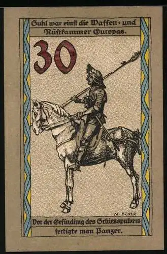 Notgeld Suhl, 30 Pfennig, Ritter zu Pferd und Denkmal