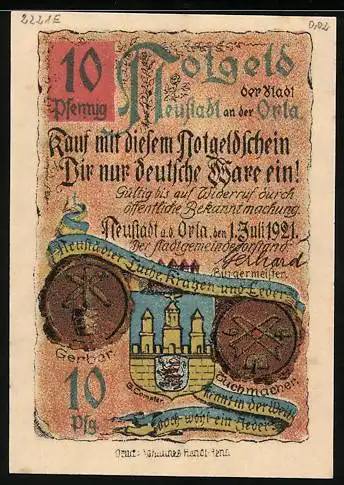 Notgeld Neustadt a. d. Orla 1921, 10 Pfennig, Wappen und Strassenpartie am Rathaus