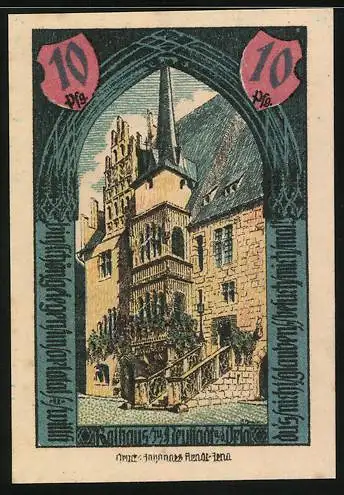 Notgeld Neustadt a. d. Orla 1921, 10 Pfennig, Wappen und Strassenpartie am Rathaus