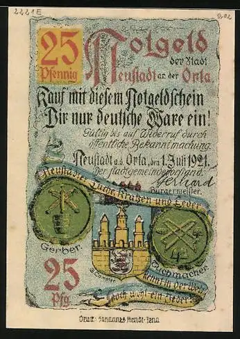 Notgeld Neustadt a. d. Orla 1921, 25 Pfennig, Wappen und Rathaus