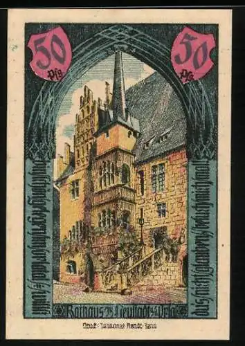 Notgeld Neustadt a. d. Orla 1921, 50 Pfennig, Rathaus, Wappen, Gerber und Tuchmacher