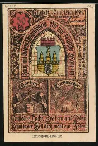 Notgeld Neustadt a. d. Orla 1921, 50 Pfennig, Rathaus, Wappen, Gerber und Tuchmacher