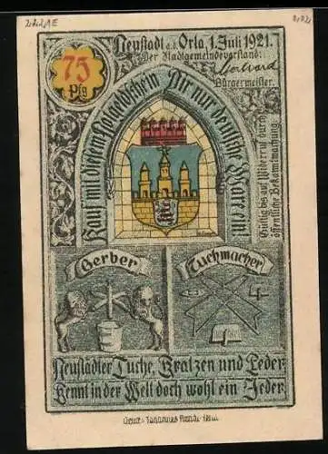 Notgeld Neustadt a. d. Orla 1921, 75 Pfennig, Rathaus und Wappen mit Gerber und Tuchmacher