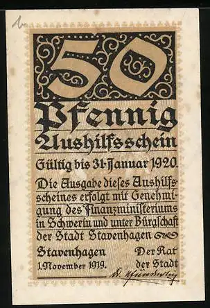Notgeld Stavenhagen 1919, 50 Pfennig, Portrait mit Reim