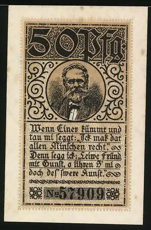 Notgeld Stavenhagen 1919, 50 Pfennig, Portrait mit Reim