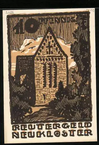 Notgeld Neukloster 1922, 10 Pfennig, Kirche und Felder mit Wolken