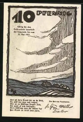 Notgeld Neukloster 1922, 10 Pfennig, Kirche und Felder mit Wolken