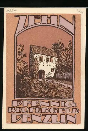 Notgeld Penzlin i. M. 1922, 10 Pfennig, Wohnhaus und Bäume