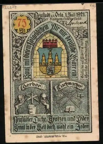 Notgeld Neustadt a. d. Orla 1921, 75 Pfennig, Wappen und Rathaus