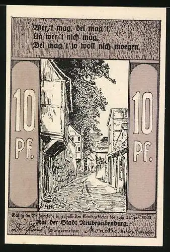 Notgeld Neubrandenburg 1922, 10 Pfennig, Strassenpartie und klassizistisches Gebäude