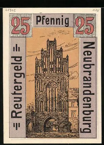 Notgeld Neubrandenburg 1921, 25 Pfennig, Strassenpartie und Kirche